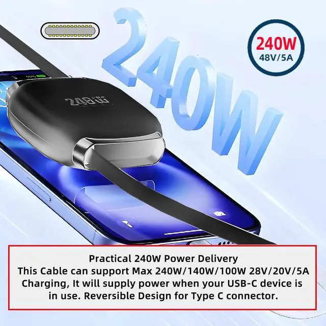 Alt view image 7 of 7 - Retractable Stretch Coiled USB-C Type-C Cable Male to Male 480Mbps USB2.0 Version240W Compatible with Laptop Phone Tablet Type-C Male to Male Cable Power & Data (Black 100cm)