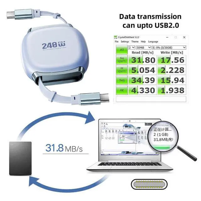 Alt view image 5 of 7 - Retractable Stretch Coiled USB-C Type-C Cable Male to Male 480Mbps USB2.0 Version240W Compatible with Laptop Phone Tablet Type-C Male to Male Cable Power & Data (Blue 100cm)