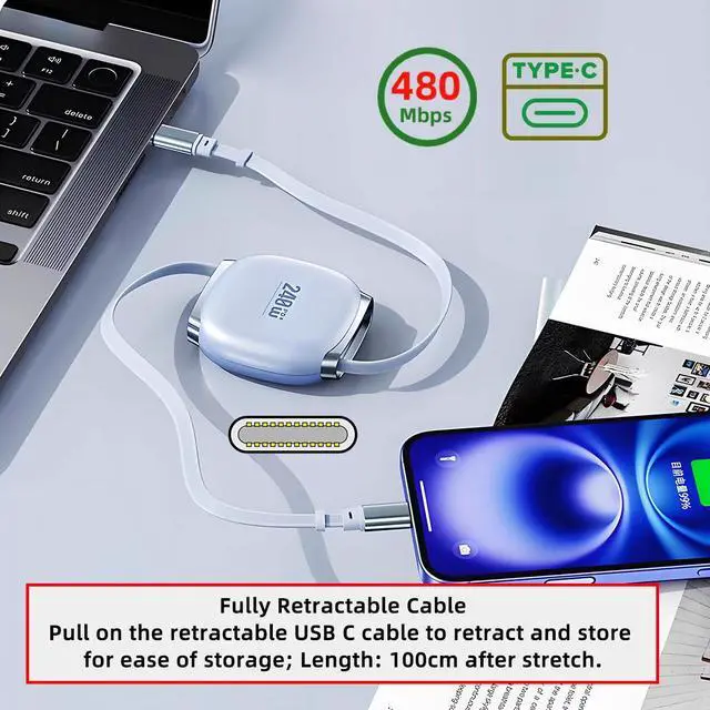Alt view image 7 of 7 - Retractable Stretch Coiled USB-C Type-C Cable Male to Male 480Mbps USB2.0 Version240W Compatible with Laptop Phone Tablet Type-C Male to Male Cable Power & Data (Blue 100cm)
