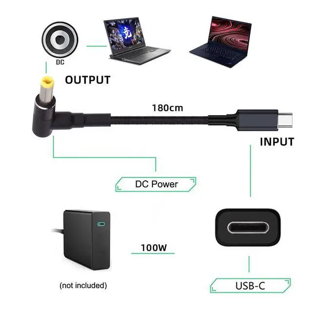 Alt view image 5 of 7 - 100W USB Type-C USB-C Power Input to 20V DC Plug 5.5 * 2.5mm Output 20V 5A 100W & 65W PD Charge Cable Compatible with Laptop (6ft/180cm)