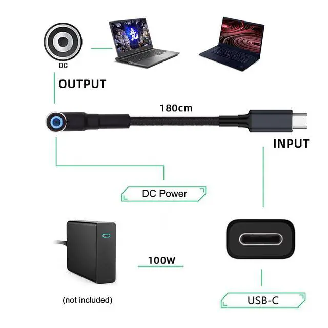 Alt view image 6 of 7 - 100W USB Type-C USB-C Power Input to 20V DC Plug 4.5 * 3.0mm Output 20V 5A 100W & 65W PD Charge Cable Compatible with Laptop (6ft/180cm)