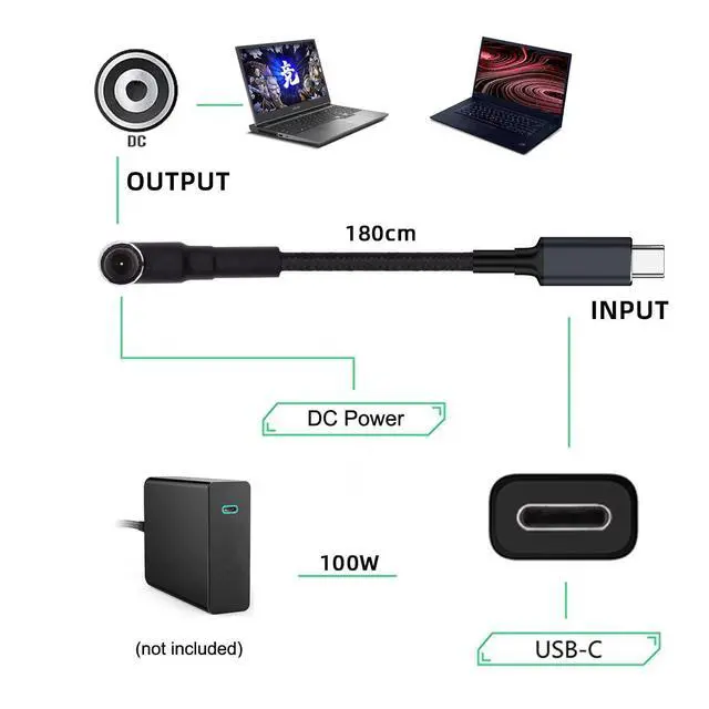 Alt view image 5 of 7 - 100W USB Type-C USB-C Power Input to 20V DC Plug 6.0 * 1.4 * 0.6mm Output 20V 5A 100W & 65W PD Charge Cable Compatible with Laptop (6ft/180cm)