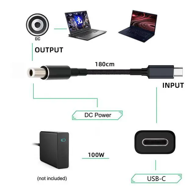 Alt view image 5 of 7 - 100W USB Type-C USB-C Power Input to 20V DC Plug 7.4 * 5.0mm Output 20V 5A 100W & 65W PD Charge Cable Compatible with Laptop (6ft/180cm)