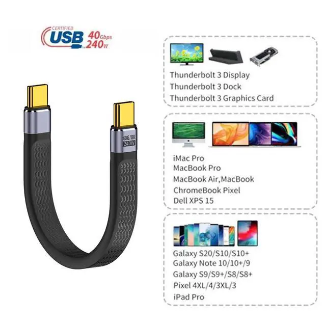 Alt view image 3 of 7 - USB4.0 240W Type-C USB-C Male to Male USB4 40Gbps 100W 8K Flat Slim FPC Data Cable Compatible with Laptop Phone 13cm (40Gbps 240W 8K)