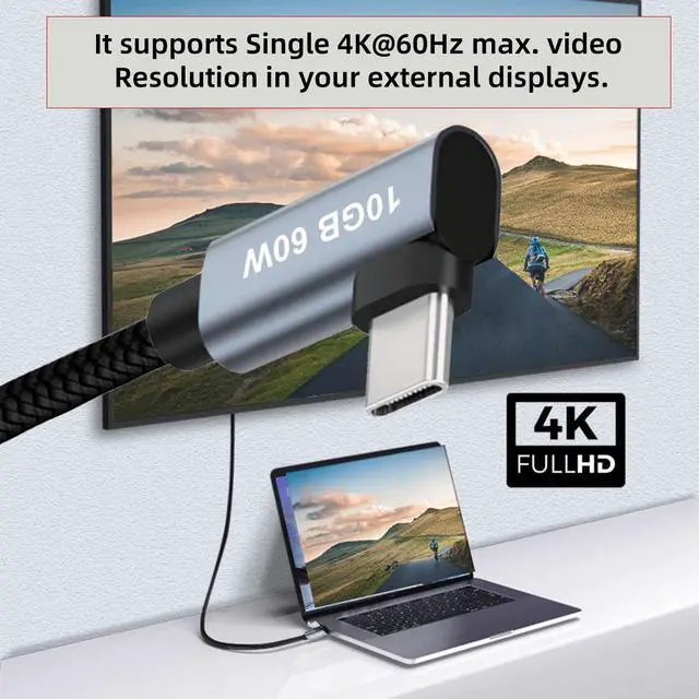 Alt view image 6 of 7 - USB-C 10Gbps Type-C Angled Male to Male Video 4K Power PD 65W Cable Dual Right Angled 90 Degree Connector (100cm)