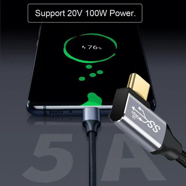 Alt view image 7 of 7 - Type-C USB-C Left Right Angled Male to Straight Male USB3.1 10Gbps Video 4K 100W 20V 5A PD Power Data Cable with E-Marker (200cm)