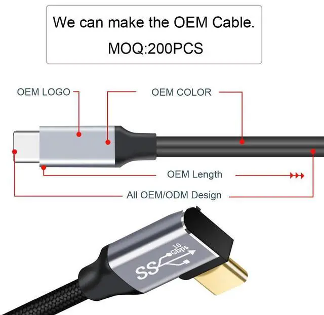 Alt view image 2 of 7 - Type-C USB-C Left Right Angled Male to Straight Male USB3.1 10Gbps Video 4K 100W 20V 5A PD Power Data Cable with E-Marker (50cm)