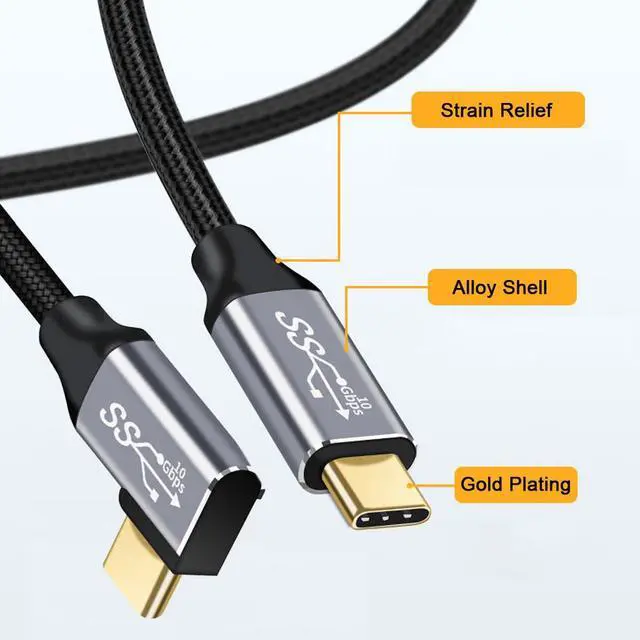 Alt view image 5 of 7 - Type-C USB-C Left Right Angled Male to Straight Male USB3.1 10Gbps Video 4K 100W 20V 5A PD Power Data Cable with E-Marker (200cm)