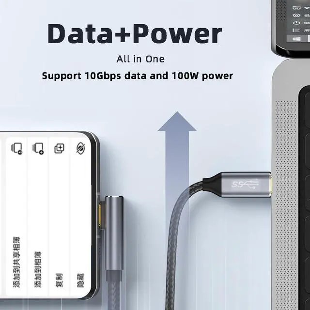 Alt view image 4 of 7 - Type-C USB-C Low Profile Right Angled Male to Straight Male USB3.1 10Gbps Video 4K 100W 20V 5A PD Power Data Cable with E-Marker (50cm)