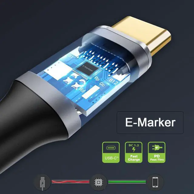 Alt view image 6 of 7 - Type-C USB-C Low Profile Right Angled Male to Straight Male USB3.1 10Gbps Video 4K 100W 20V 5A PD Power Data Cable with E-Marker (50cm)