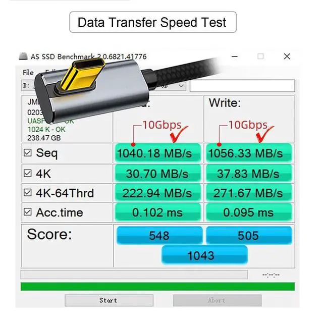Alt view image 7 of 7 - Type-C USB-C Low Profile Right Angled Male to Straight Male USB3.1 10Gbps Video 4K 100W 20V 5A PD Power Data Cable with E-Marker (50cm)