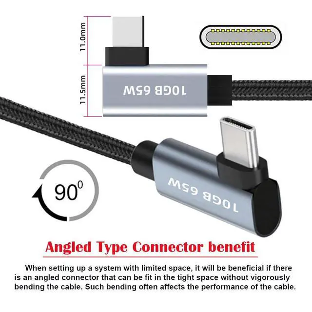 Alt view image 2 of 7 - USB-C 10Gbps Type-C Angled Male to Male Video 4K Power PD 65W Cable Dual Right Angled 90 Degree Connector (30cm)