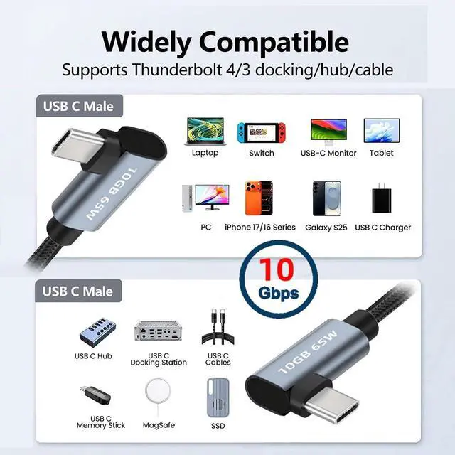 Alt view image 4 of 7 - USB-C 10Gbps Type-C Angled Male to Male Video 4K Power PD 65W Cable Dual Right Angled 90 Degree Connector (100cm)
