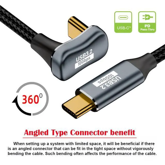 Alt view image 5 of 7 - Type-C USB-C Opposite U Shape Back Angled Male to Straight Male USB3.1 10Gbps Video 4K 100W 20V 5A PD Power Cable with E-Marker (100cm)