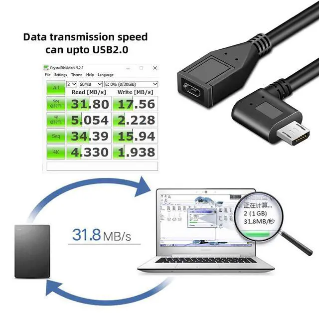 Alt view image 4 of 7 - 90 Degree Left Angled Micro USB 2.0 Male to Female Data Charge Cable 480Mbps for Phone Extension (50cm)