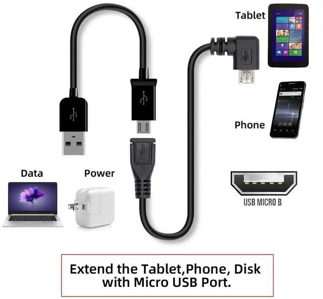 Alt view image 4 of 7 - 90 Degree Right Angled Micro USB 2.0 Male to Female Data Charge Cable 480Mbps for Phone Extension (50cm)