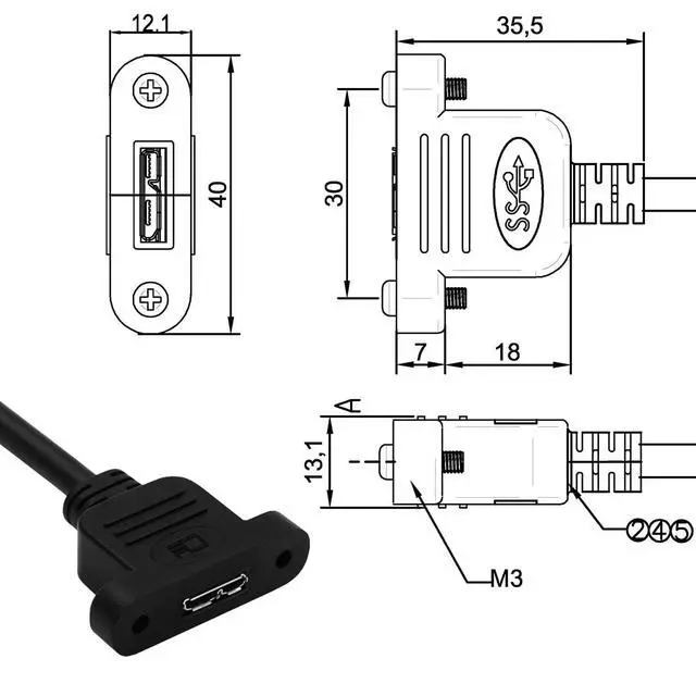 Alt view image 3 of 7 - USB 2.0 Mini 5Pin Male to Micro 3.0 Type-B Female Screw Mount Type Extension Power Data Cable 480Mbps (50cm)