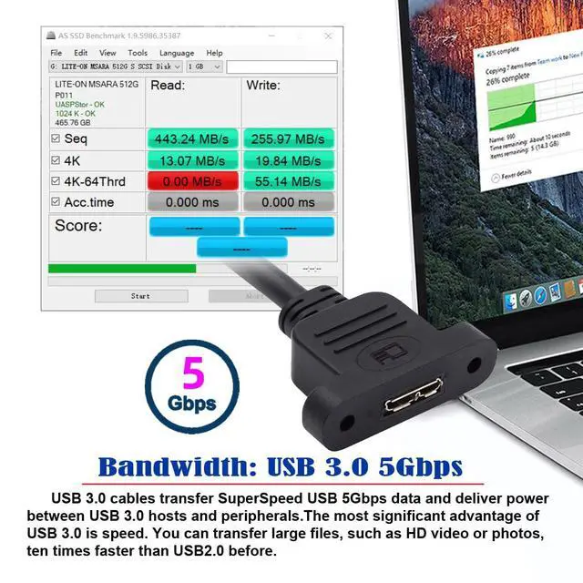 Alt view image 6 of 7 - USB 3.0 Type-A Male to Micro 3.0 Type-B Female Screw Mount Type Extension Power Data Cable 480Mbps (50cm)