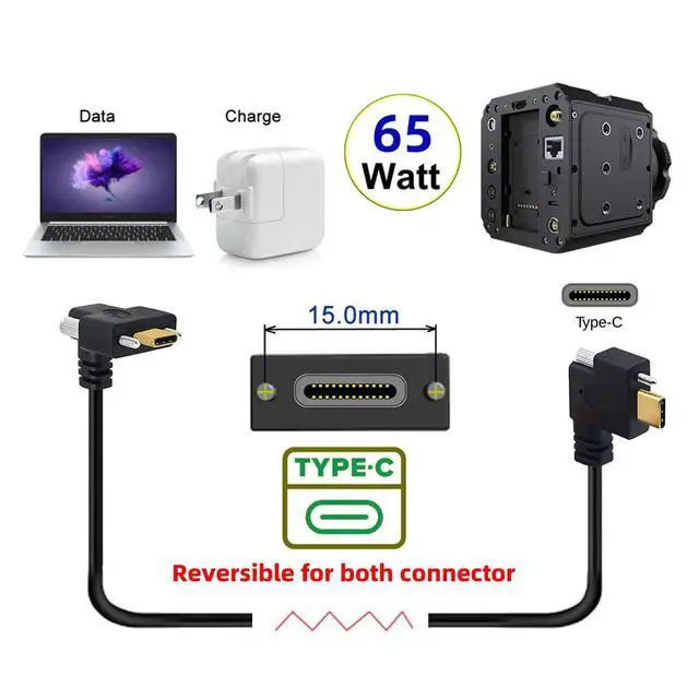 Alt view image 2 of 7 - USB 3.1 Type-C Male Single Screw Angled to Dual Thumbscrew Locking USB-C Up Down Angled 90 Degree 10Gbps Data Cable Panel Mount Type 3ft (100cm)