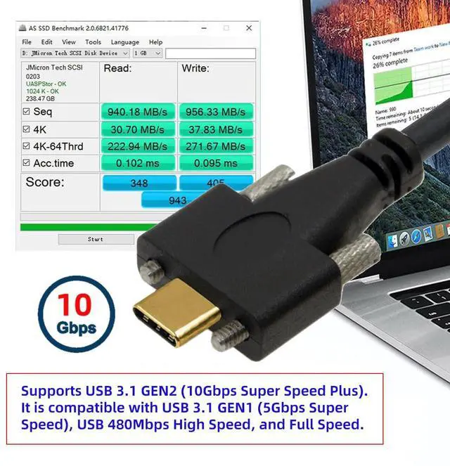 Alt view image 7 of 7 - USB 3.1 Type-C Male Dual Screw to Single Thumbscrew Locking USB-C Horizontal 90 Degree Left Right Angled 10Gbps Data Cable Panel Mount Type 3ft (100cm)
