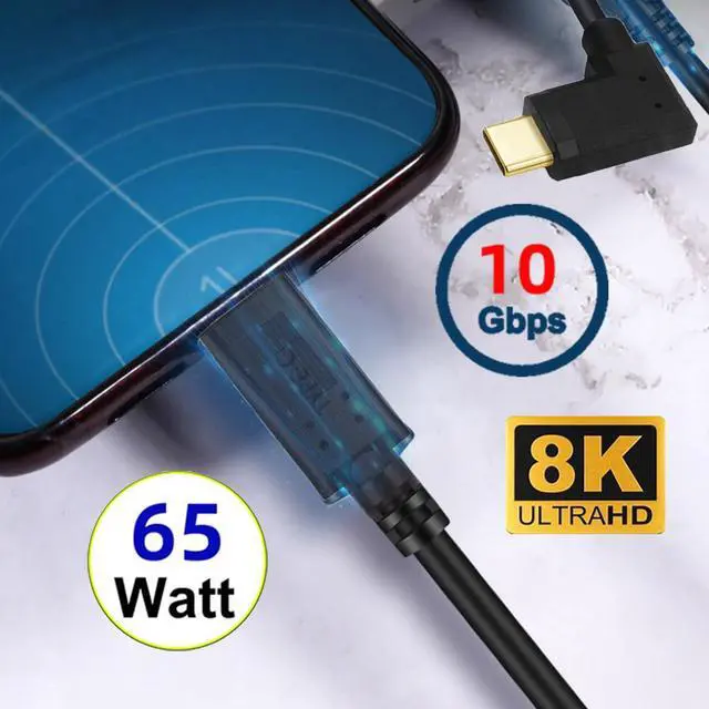 Alt view image 2 of 7 - USB3.1 Type-C Male to USB-C Male Horizontal 90 Degree Left Right Angled Connector 10Gbps Data 4K Video 65W Power Cable 3ft (100cm)