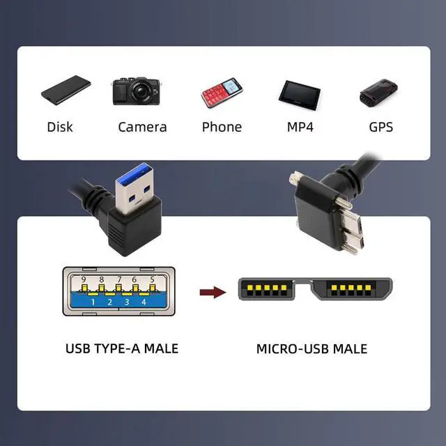 Alt view image 4 of 7 - Micro-B USB3.0 Plug Up Angled Locking Screw to Down Angled 90 Degree USB 3.0 A Male Panel Cable 25cm Compatible with Vision Industrial Camera Computer