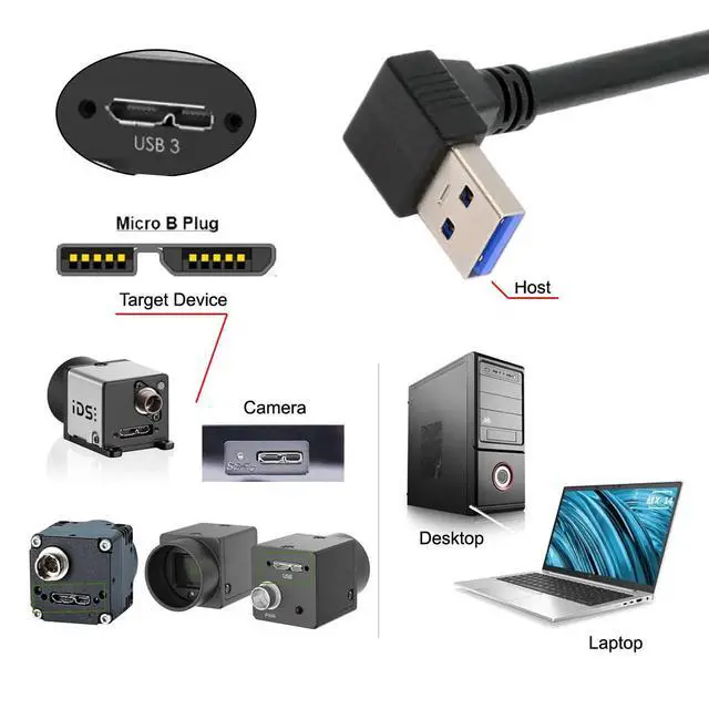 Alt view image 6 of 7 - Micro-B USB3.0 Plug Down Angled Locking Screw to Down Angled 90 Degree USB 3.0 A Male Panel Cable 25cm Compatible with Vision Industrial Camera Computer