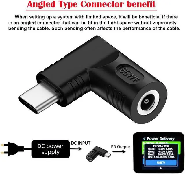 Alt view image 2 of 7 - DC Jack 5.5x2.5mm Input to USB-C Type-C Device 5V/9V/15V/20V Angled 90 Degree Plug Power PD 65W Charge Adapter Emulator Trigger Compatible with Laptop Phone