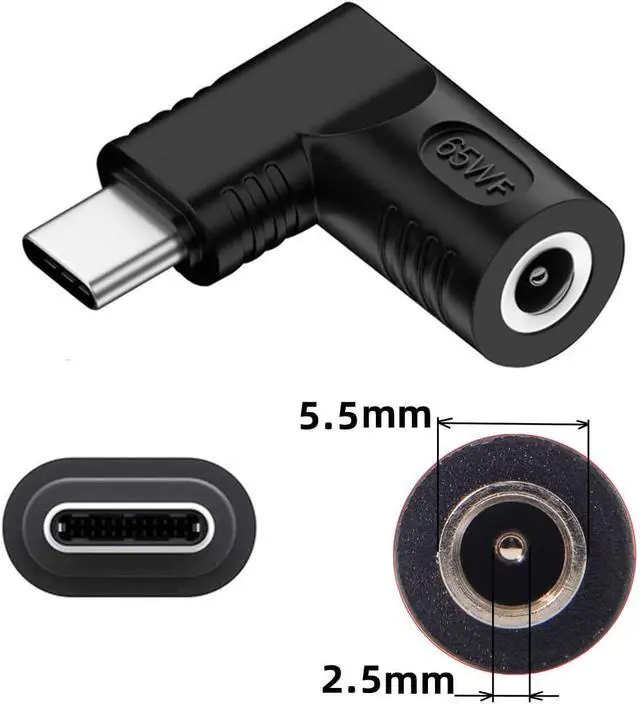 Alt view image 7 of 7 - DC Jack 5.5x2.5mm Input to USB-C Type-C Device 5V/9V/15V/20V Angled 90 Degree Plug Power PD 65W Charge Adapter Emulator Trigger Compatible with Laptop Phone