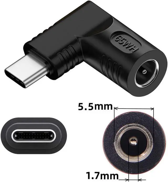 Alt view image 7 of 7 - DC Jack 5.5x1.7mm Input to USB-C Type-C Device 5V/9V/15V/20V Angled 90 Degree Plug Power PD 65W Charge Adapter Emulator Trigger Compatible with Laptop Phone