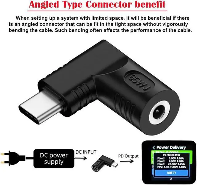 Alt view image 2 of 7 - DC Jack 4.8x1.7mm Input to USB-C Type-C Device 5V/9V/15V/20V Angled 90 Degree Plug Power PD 65W Charge Adapter Emulator Trigger Compatible with Laptop Phone