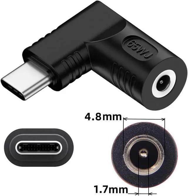 Alt view image 7 of 7 - DC Jack 4.8x1.7mm Input to USB-C Type-C Device 5V/9V/15V/20V Angled 90 Degree Plug Power PD 65W Charge Adapter Emulator Trigger Compatible with Laptop Phone