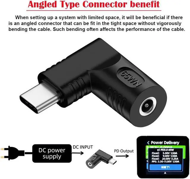Alt view image 2 of 7 - DC Jack 3.5x1.3mm Input to USB-C Type-C Device 5V/9V/15V/20V Angled 90 Degree Plug Power PD 65W Charge Adapter Emulator Trigger Compatible with Laptop Phone