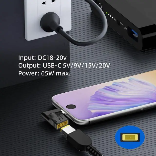 Alt view image 7 of 7 - Rectangle Thinkpad X1 Input to USB-C Type-C Device 5V/9V/15V/20V Angled 90 Degree Plug Power PD 65W Charge Adapter Emulator Trigger Compatible with Laptop Phone