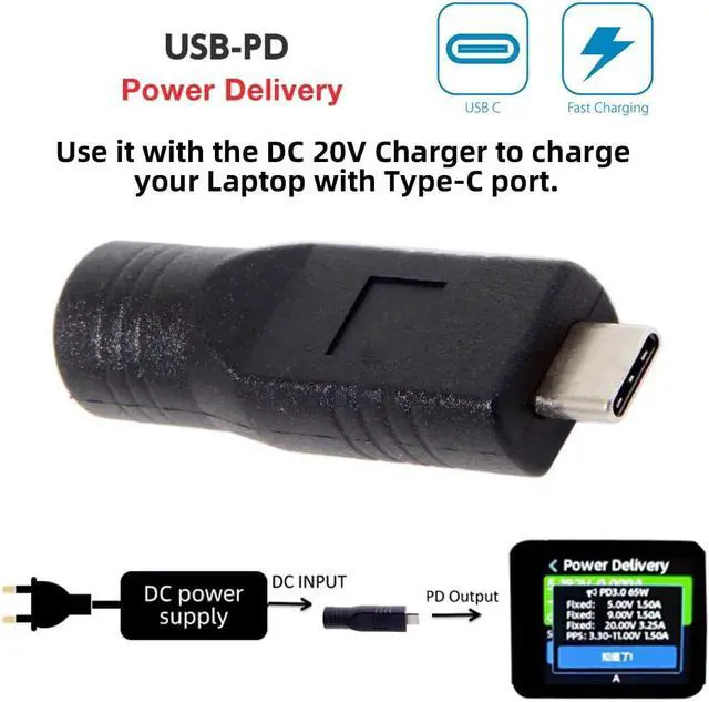 Alt view image 3 of 7 - 7.9x5.4mm DC Jack Input to 65W PD USB-C Type-C Power Plug Charge Adapter for Laptop Phone