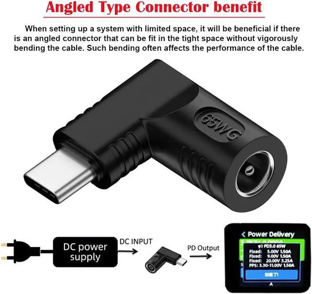 Alt view image 2 of 7 - DC Jack 5.5x2.1mm Input to USB-C Type-C Device 5V/9V/15V/20V Angled 90 Degree Plug Power PD 65W Charge Adapter Emulator Trigger Compatible with Laptop Phone