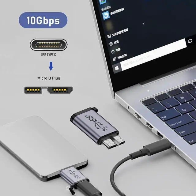 Alt view image 5 of 7 - USB-C USB 3.1 Type C Female Host to Micro USB 3.0 Male Device Adapter 10Gbps Data Power with Chain Compatible with Laptop SSD Disk