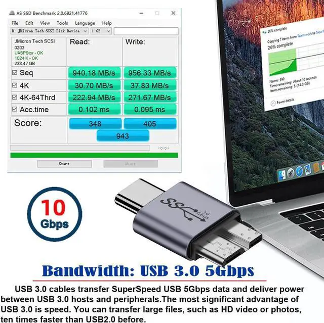 Alt view image 5 of 7 - USB-C USB 3.1 Type C Male Host to Micro USB 3.0 Device Male Adapter 10Gbps Data Power Compatible with Laptop SSD Disk