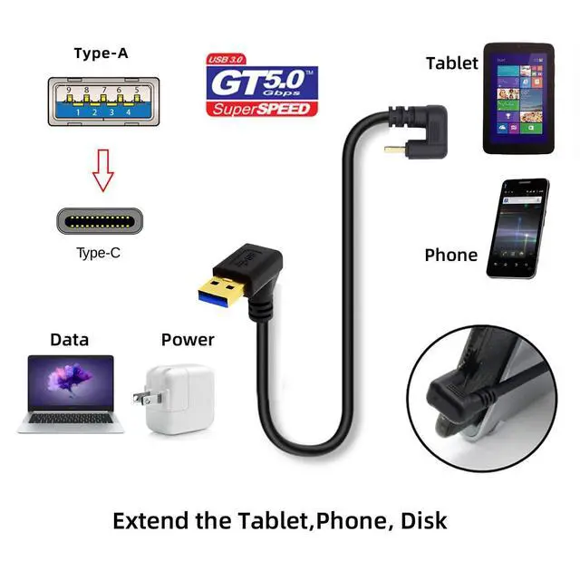 Alt view image 7 of 7 - 90 Degree Down Angled Type-A USB3.0 Male to Type-C USB 3.1 USB-C Opposite U Shape Back Angled Data Cable Compatible with Laptop Tablet Phone Camera (30cm)