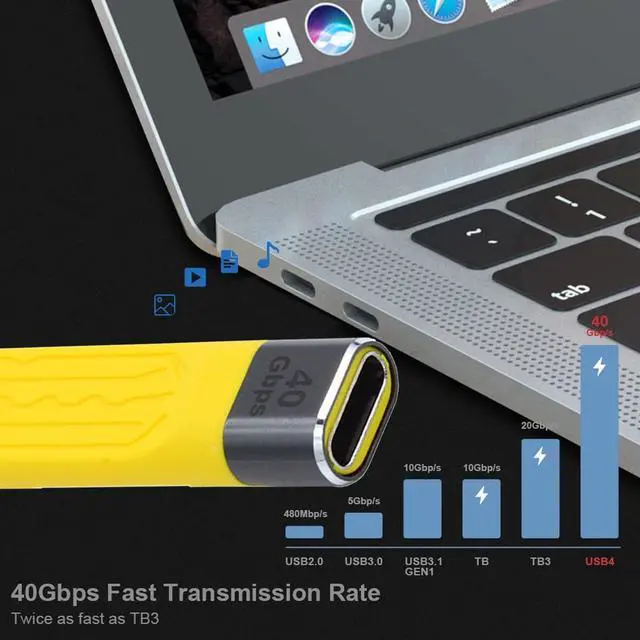 Alt view image 7 of 7 - USB4 USB-C Extension Cable Type-C Slim Flat Male to Female 40Gbps with 100W Charging and 8K@60Hz Compatible with Thunderbolt3/4 (Yellow 100W)