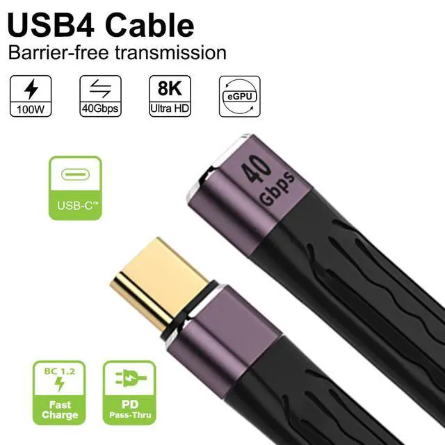 Alt view image 3 of 7 - USB4 USB-C Extension Cable Type-C Slim Flat Male to Female 40Gbps with 100W Charging and 8K@60Hz Compatible with Thunderbolt3/4 (Black 100W)