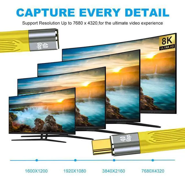 Alt view image 5 of 7 - USB4 USB-C Extension Cable Type-C Slim Flat Male to Female 40Gbps with 100W Charging and 8K@60Hz Compatible with Thunderbolt3/4 (Yellow 100W)