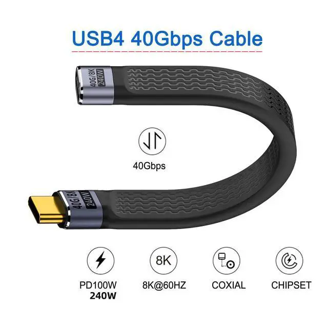 Alt view image 5 of 7 - USB4 USB-C Extension Cable Type-C Slim Flat Male to Female 40Gbps with 240W 100W Charging and 8K@60Hz Compatible with Thunderbolt3/4 (Black 240W)