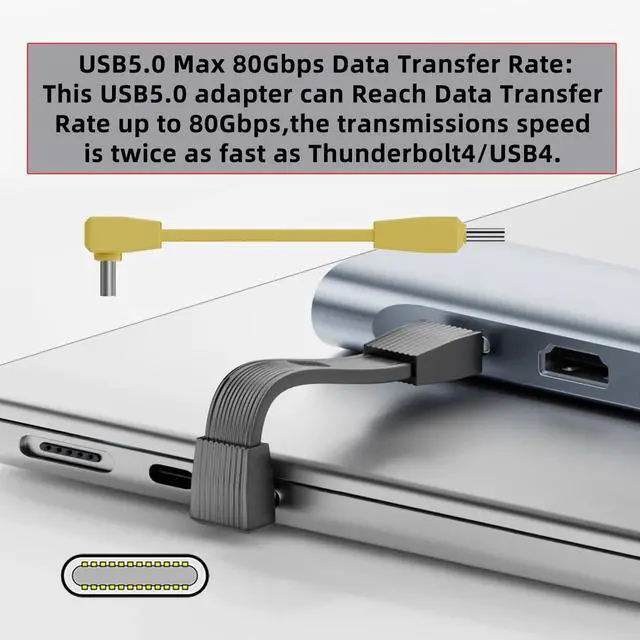 Alt view image 5 of 7 - USB5.0 Type-C 80Gbps Flat Slim FPC USB-C Male to Male & Female Extension Cable Up Angled 90 Degree 240W 16K 8K 60Hz 5K Compatible with 40Gbps USB4.0 Thunderbolt Yellow Color (2-Pack)