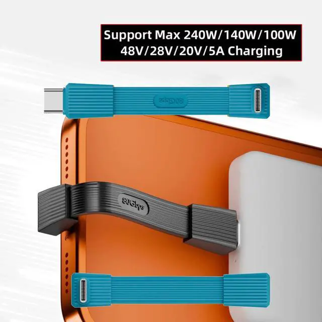 Alt view image 5 of 7 - USB5.0 Type-C 80Gbps Flat Slim FPC USB-C Male & Female Extension Cable Up Angled 90 Degree 240W 16K 8K 60Hz 5K Compatible with 40Gbps USB4.0 Thunderbolt Blue Color (2-Pack)