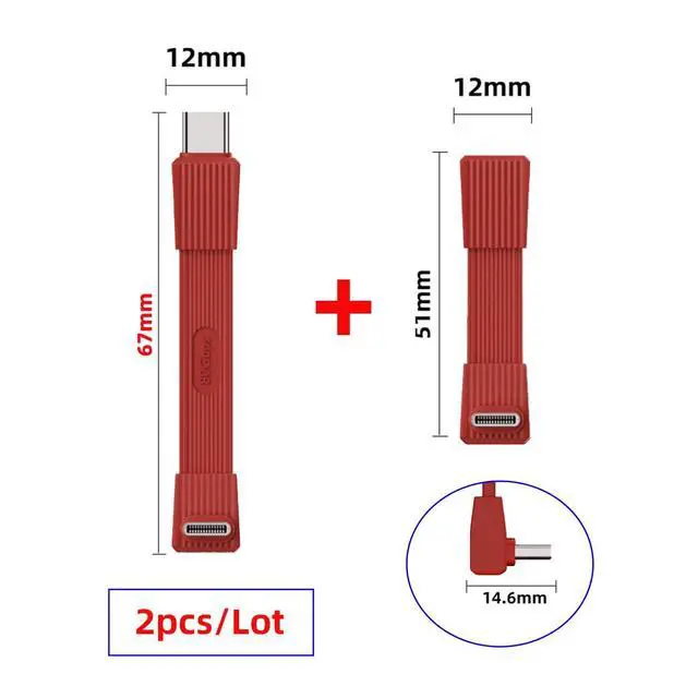 Alt view image 6 of 7 - USB5.0 Type-C 80Gbps Flat Slim FPC USB-C Male to Male & Female Extension Cable Up Angled 90 Degree 240W 16K 8K 60Hz 5K Compatible with 40Gbps USB4.0 Thunderbolt Red Color (2-Pack)