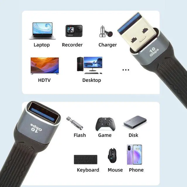 Alt view image 7 of 7 - 10Gbps USB 3.0 Type-A Male to USB3.0 Type-A Female Extension Flat Slim FPC Data Power Cable Compatible with Laptop Phone (Black 13cm)