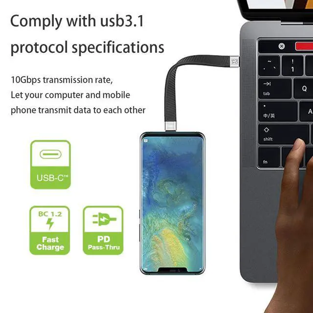 Alt view image 7 of 7 - 10Gbps USB 3.1 Type-C Female USB-C to USB Type-C Male Flat Slim FPC Data Power Cable Compatible with Laptop Phone (Black 13cm)