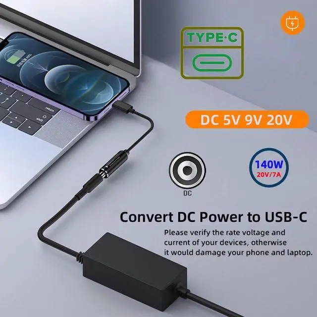Alt view image 4 of 7 - DC Jack 7.9x5.4mm Power Input to USB-C Type-C Power 140W Smart LED Display PD 100W 65W Charge Cable Compatible with Laptop Phone PD9V/5V/20V/7A