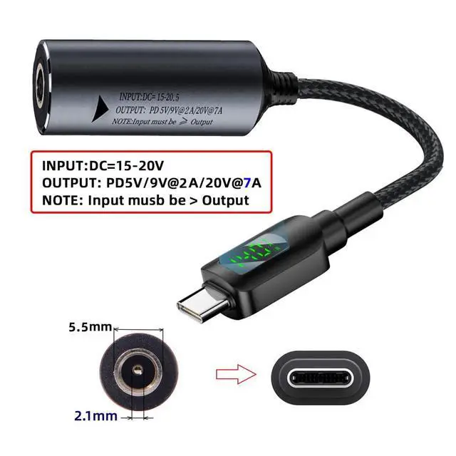 Alt view image 2 of 7 - DC Jack 5.5x2.1mm Power Input to USB-C Type-C Power 140W Smart LED Display PD 100W 65W Charge Cable Compatible with Laptop Phone PD9V/5V/20V/7A